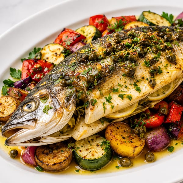 Whole roasted fish with capers, herbs, lemon slices, and roasted vegetables on a white platter.